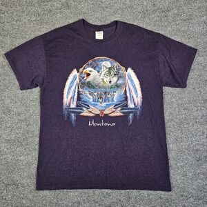 Vintage Montana Wolf Eagle T-Shirt Men's L Dreamcatcher Graphic Tee Gildan Heavy
